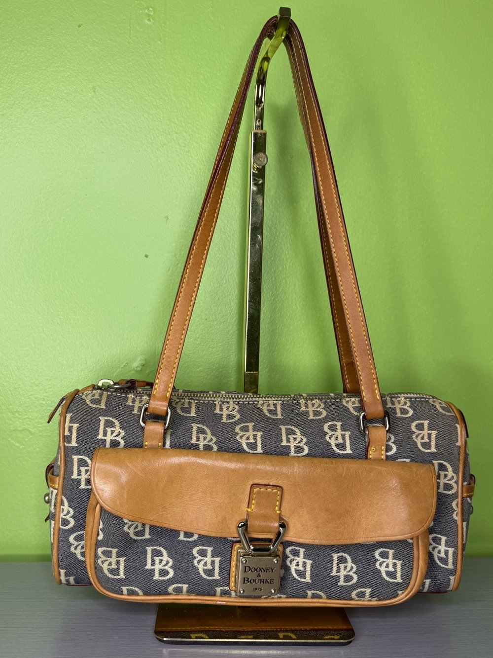 Dooney & Bourke Signature Collection Barrel Satchel Bag Tan Leather Grey Fabric